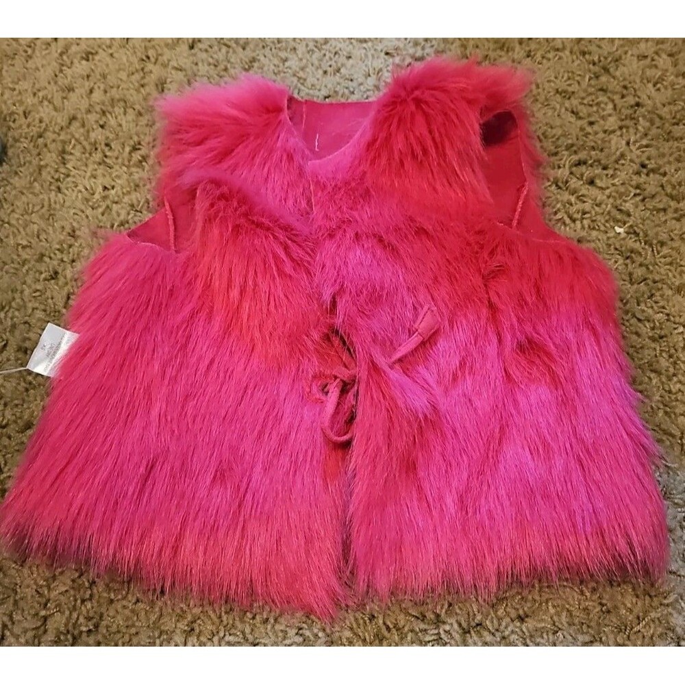 Donna Salyers Fabulous Furs Girls Pink Faux Fur Vest Tie Front Boho Sz XS 5T